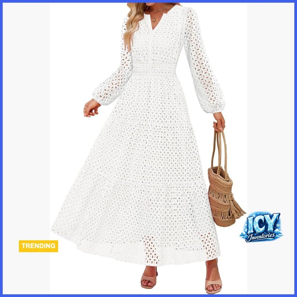 Long Sleeve Maxi Dress V Neck Hollow Out Eyelet A Line Casual Party